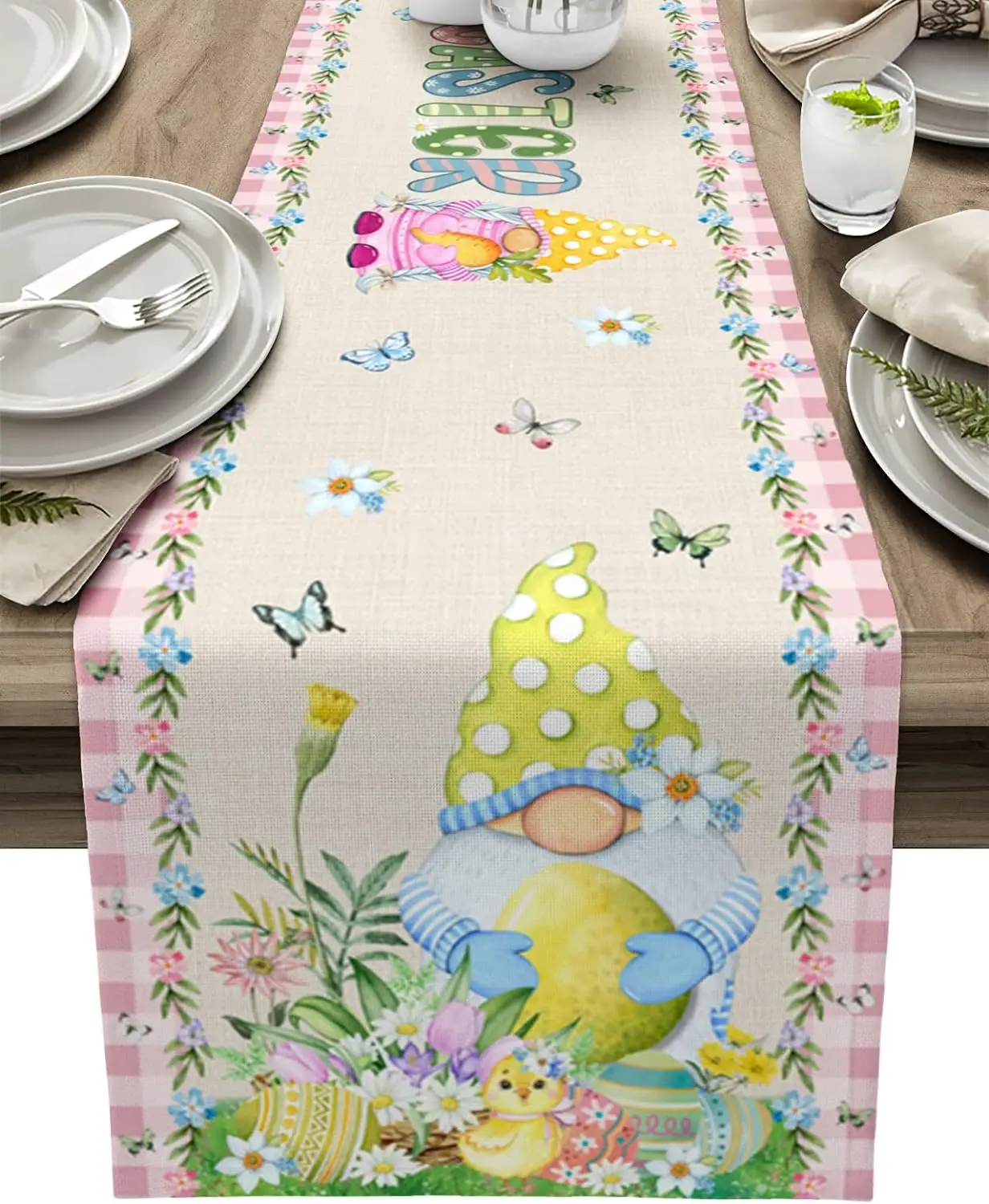 

Easter Eggs Gnome Linen Table Runners Durable Dresser Scarves Table Runner for Dinning Table Outdoor Party Holiday Kitchen Decor