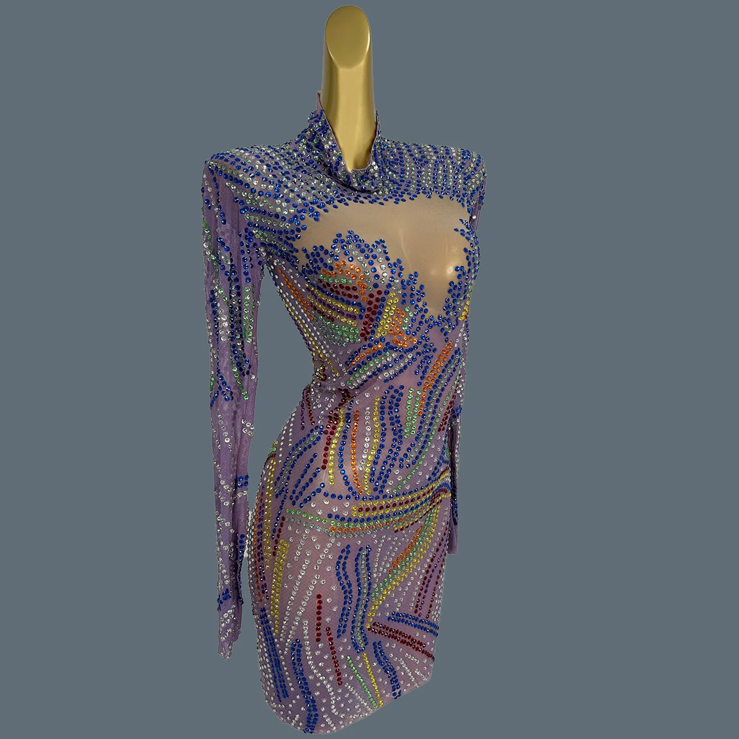 

Sparkly Multicolour Rhinestone Mini Dress Sexy Women See Through Mesh Event Short Dress Birthday Party Photo Shoot Wear Malanhui