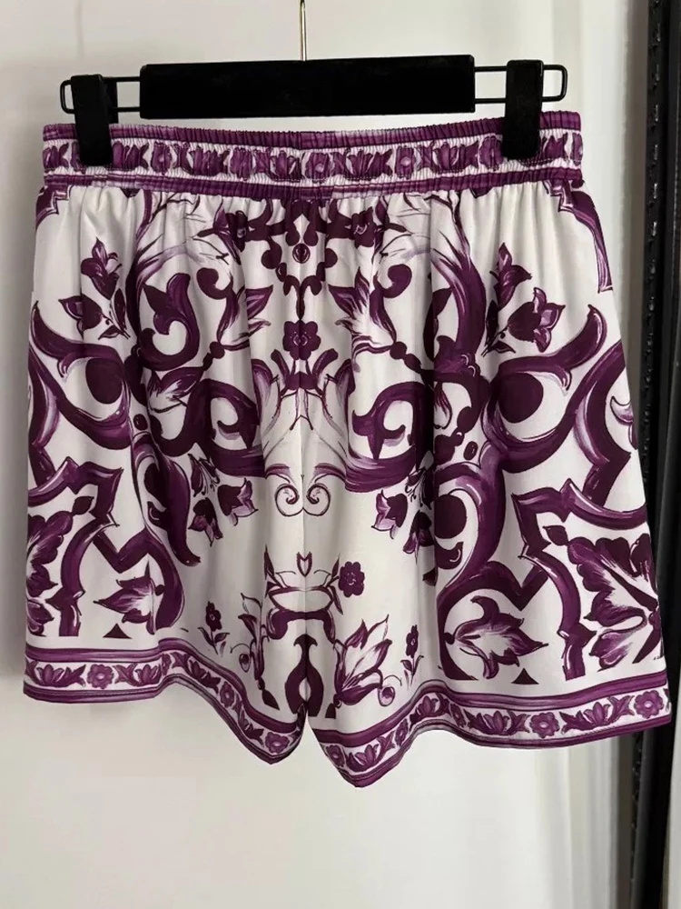Retro Fashion Summer New Blue and White Porcelain Printing Loose Wide Leg Straight Shorts Elastic Waist Joker Casual Pants