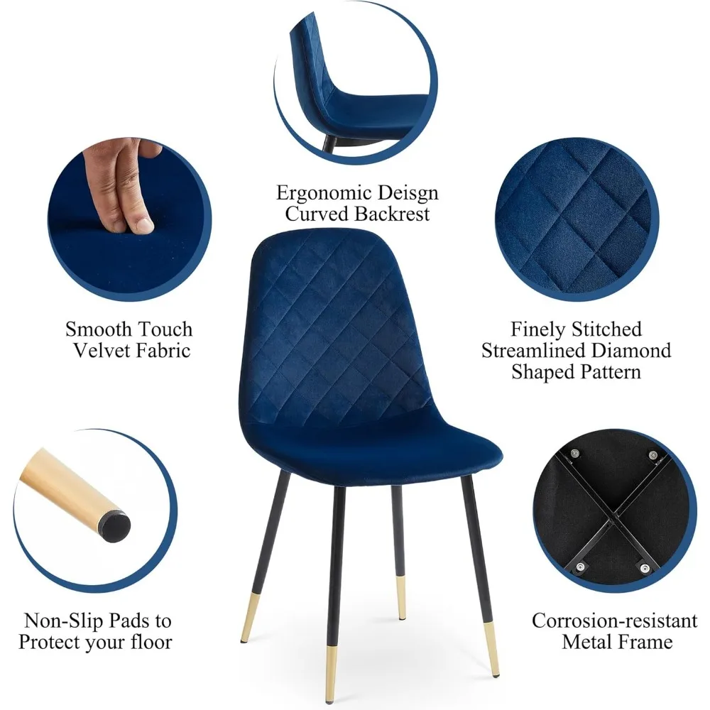 Velvet Dining Chairs Kitchen Plain Color Chair Upholstered Side Stools with Backrest Metal Legs Set of 4, Navy Blue