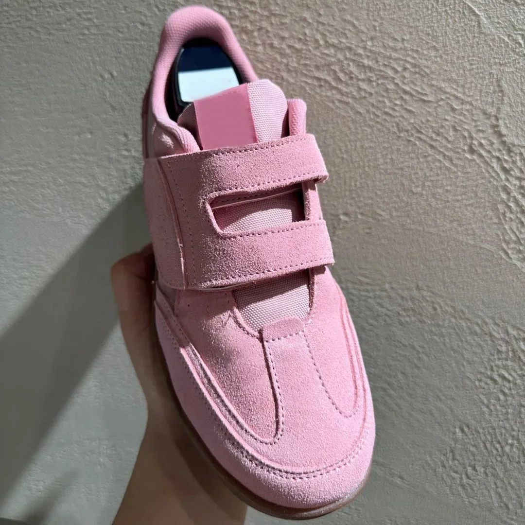 Velcro Strap Retro Sneakers for Women,Soft Pink Suede Breathable Mesh Panel Gum Rubber Sole Slip On Casual Walking Skate Shoes
