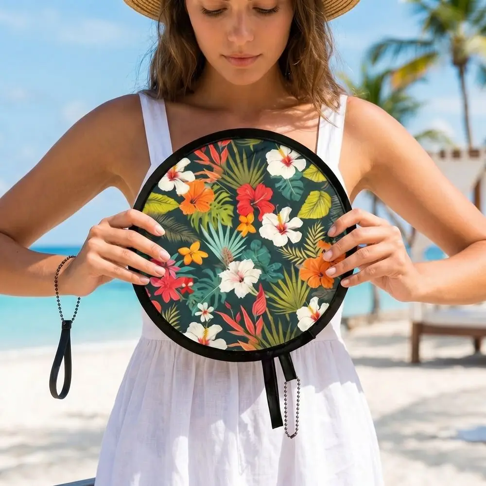 Mini Japanese Style Folding Fan Flower Pattern Round Collapsible Fan With Pocket Portable Fan Summer Travel