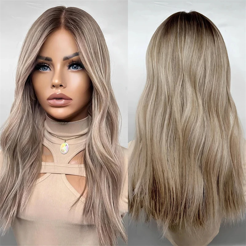 

13x4 Ombre Ash Brown Blonde Highlights Synthetic HD Lace Front Wig HD Invisible Cheap Sale Easy to Wear Long Loose Wave Wig 26''