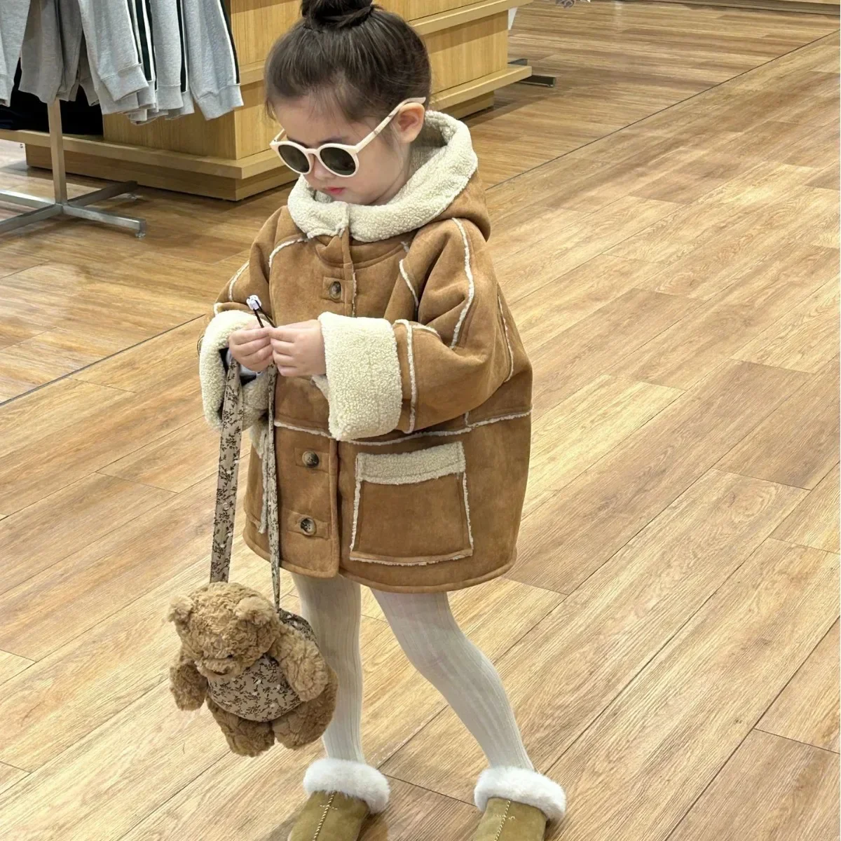 Girl Coat 2023 Winter Children Wear Korean Style Children Wear Girls Inside Lamb Wool Suede Coat Girl Winter Wool Coat