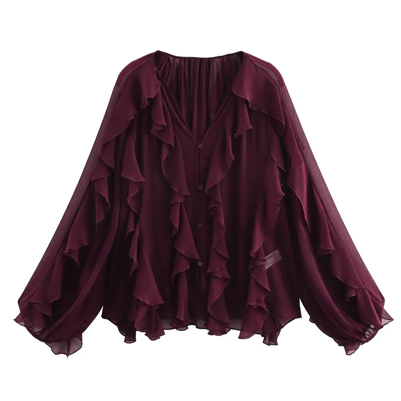 Womens Thin Blouses 2025 Spring Women's Fashion Flowy Layered Decorated V-Neck Long Sleeve Shirt Trendy Chic Casual Formal Wear