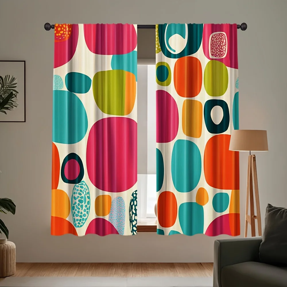 Vibrant Geometric Abstract Circle Print Curtains 2pcs Modern Window Drapes for Living Room Boho Home Decor