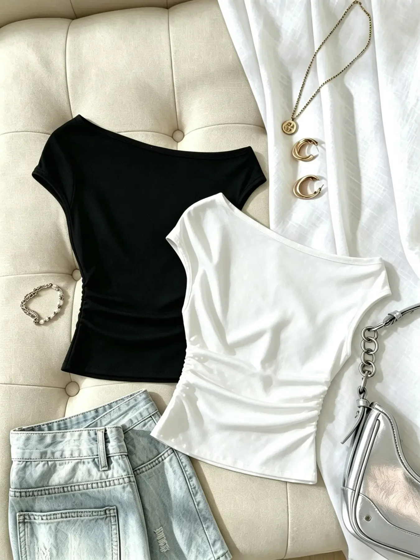 Women Two Piece Outfits One Shoulder Cap Sleeve Crop Top Solid Side Ruched Slim Fit Casual Daily Wear Women Tops Set