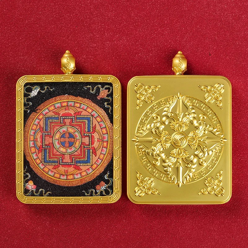 Tibetan-style thangka pendant Zaki Lam, square titanium steel alloy, gold Tantric castle mineral pattern available for selection