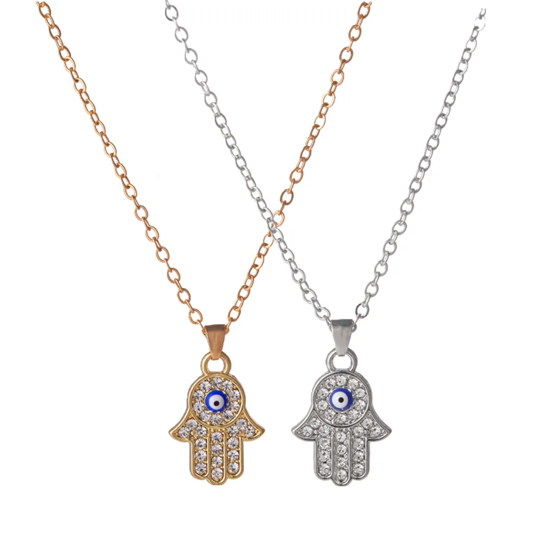 Turkish Crystal Evil Eye Hand Palm Hamsa Pendant Necklace for Women Gold Color Jewelry Link Chains Charm Choker Girl Gift