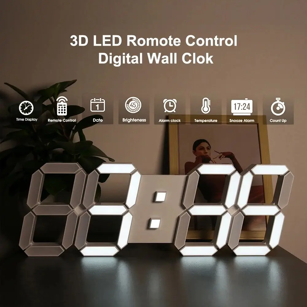 3D LED Digital Wall Clock Luminous Electronic Clock USB Plug In Multifunctional Creative Home Living Room Bedroom Decor