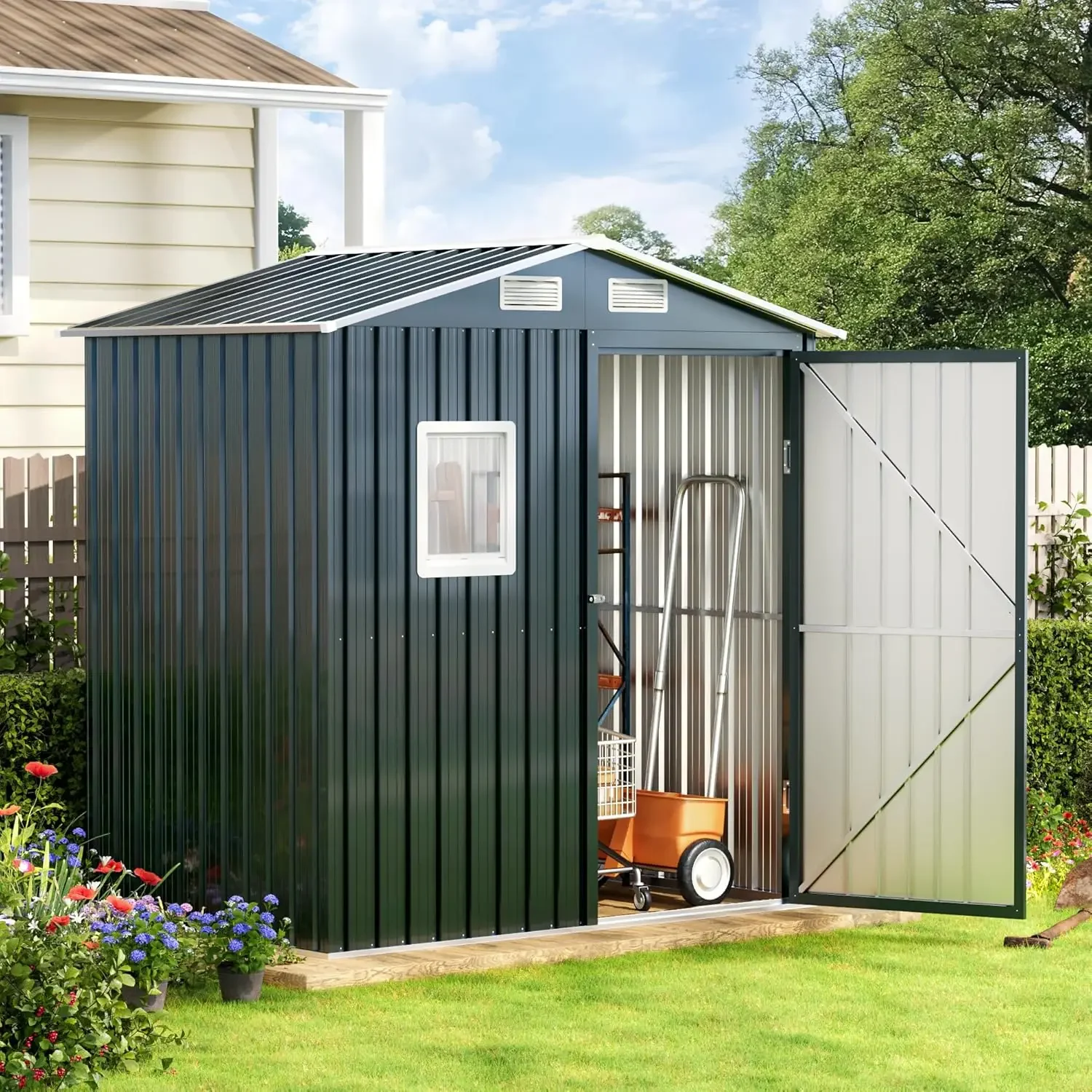 

x4FT Outdoor Steel Storage Shed with Clear Window, Lockable Doors, Weather-Resistant Metal Tool Shed for Garden, Backyard
