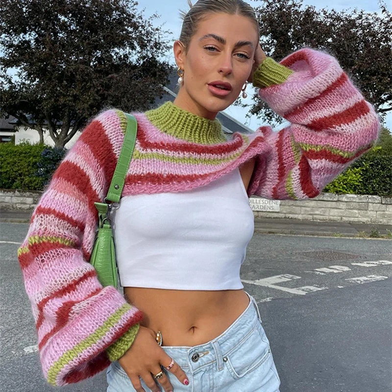 Y2K Vintage Striped Loose Long Sleeves Pullover Crop Tops Chic Women Knitted Shrug Sweater 00s Retro Smock T-shirt Streetwear