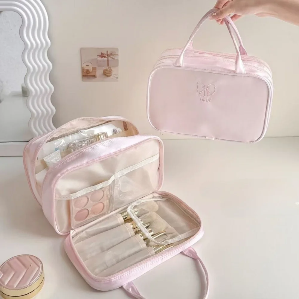 

Портативная 3-слойная дорожная косметичка, легкая широкая открытая сумка для туалетных принадлежностей, пышный органайзер для макияжа с бантом большой емкости