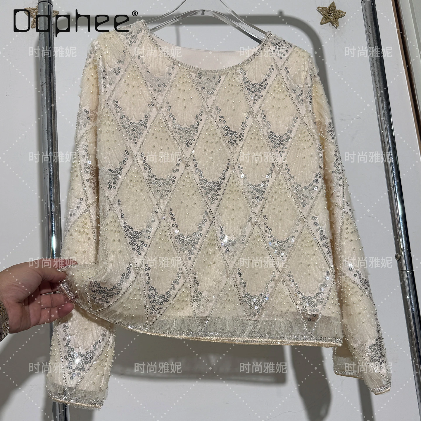 

Европейский осенний топ с тяжелыми бусинами и пайетками, круглым вырезом и длинными рукавами, женский модный свободный тонкий короткий топ в пригородном стиле