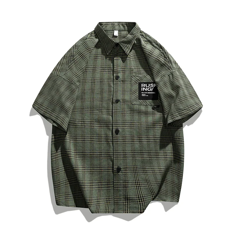 Summer 2025 Men's Checkered Short-Sleeved Shirt Trendy Chest Pocket Ins Trendy Cotton Shirt for Men