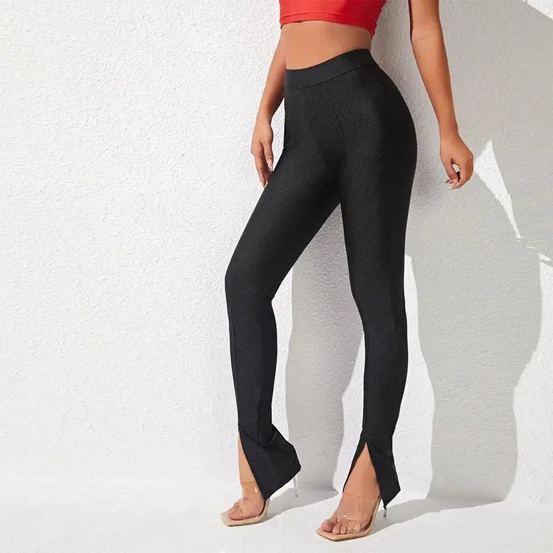 Glossy Yoga Pants Elastic Sport Running Tight Black Long Pants Cross-Border Front Split Women's Fashion Bottoms Nylon Fiber