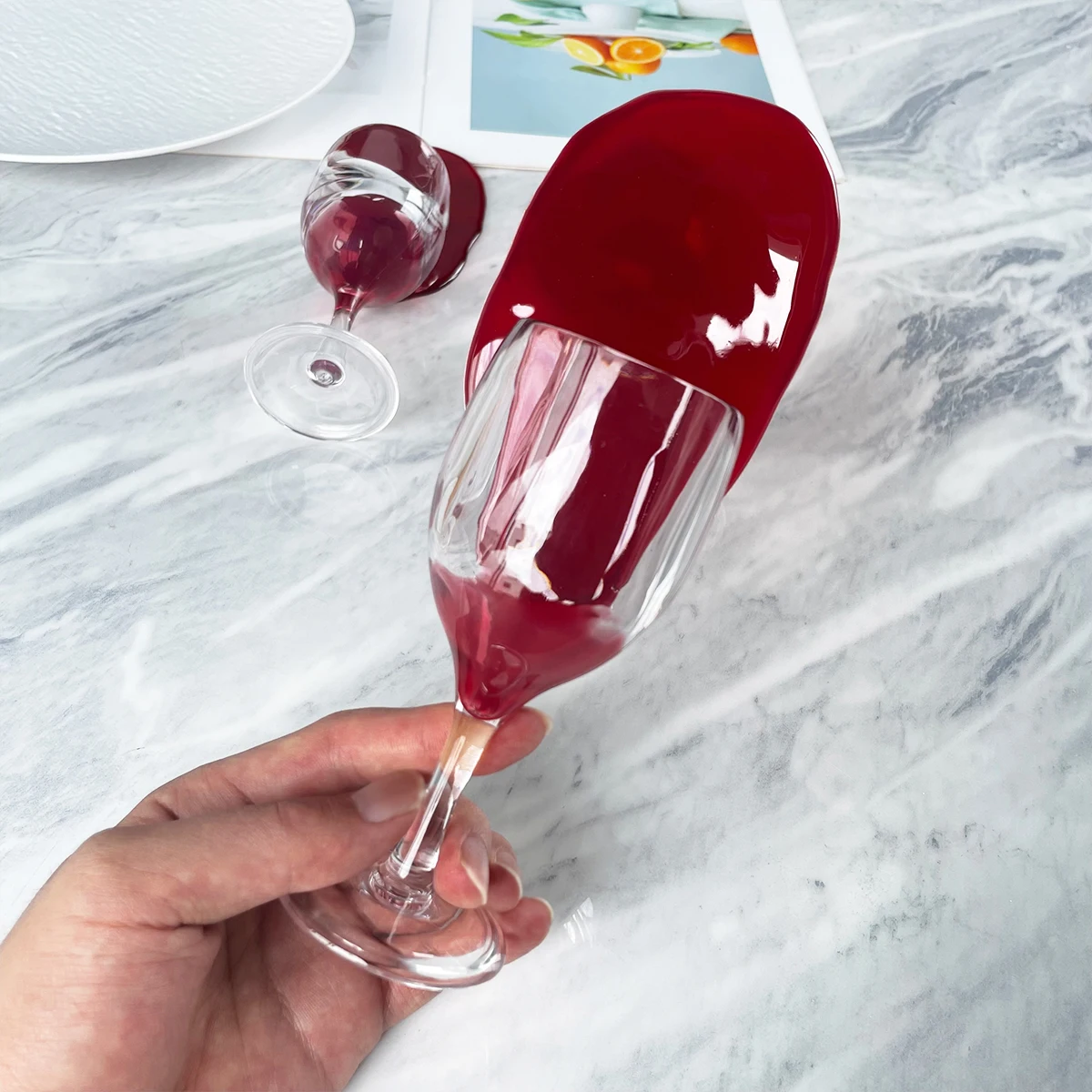 Hyper Realistic Spilled Red Wine Glass Prop - Lifelike Fallen Tipped Over Wine Cup for Photography Bar & Home Decoration Display - view 6