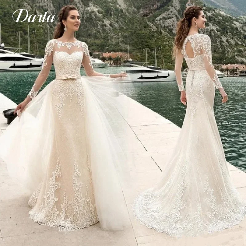 Vestidos de novia sexis con corte de sirena 2025, escote en forma de corazón, manga larga, tren desmontable, 2 en 1, cinturón de encaje, Vestidos de boda personalizados