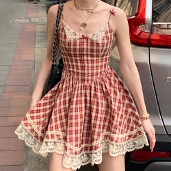 HOUZHOU Vintage Sweet Red Plaid Dress for Women Kawaii Elegant French Style Bow Lace Party Mini Dress Retro Lolita Pleated Dress