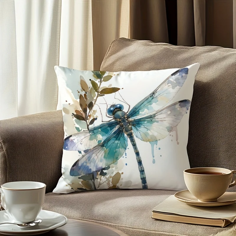 Pillow Covers 45x45 cm Square Dragonfly Watercolor Art Double Sided Blue White Leaf Design Plush Polyester Luxury Soft Invisible Zipper Decorative Pillowcases Cushion Case For Living Room Bedroom Sofa Bed Couch Car Patio Office Decor Home Decoration Gifts