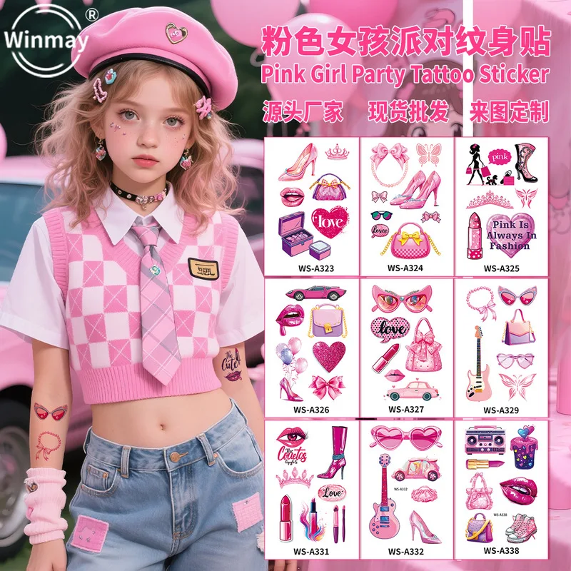 

200pcs Pink Denim Pink Girl Waterproof Tattoo Sticker Girl Cartoon Party Decoration Kid Adult Makeup Face Patch Set Cosplay Prop