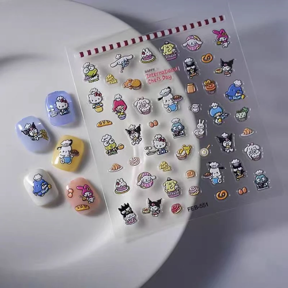 1 sheet Kuromi HelloKitty Sanrio New 5D Relief Nail Art Stickers Nail Decals for Manicure fashion Design DIY Happy Accessories