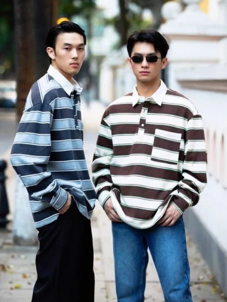 

Stripe Polo T Shirt for Men Streetwear Normal Quotes Long Sleeve Tops Cheap Clothes Pullovers Xxl Social Buttoned Man Sweatshirt