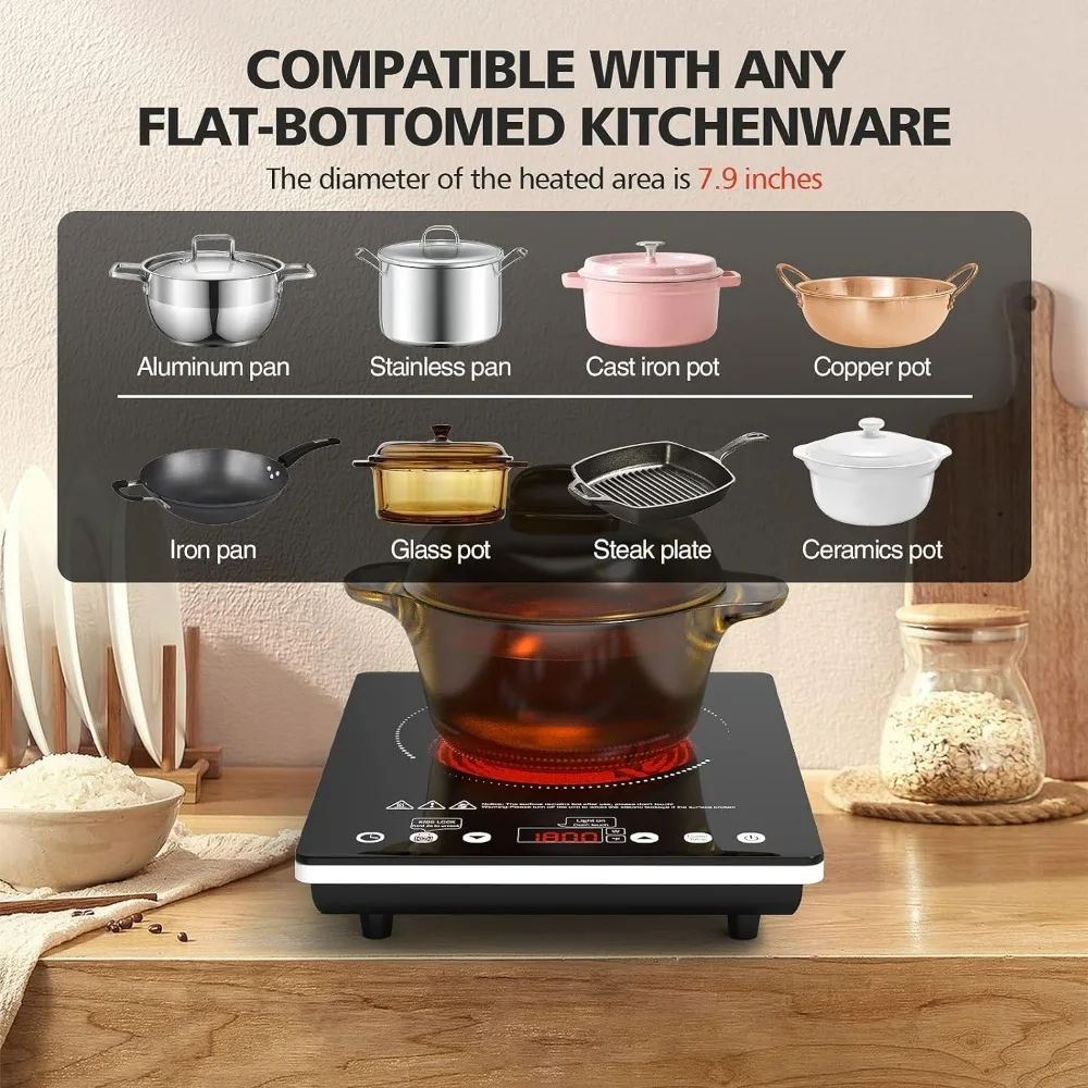 Induction Cooktop, 1800W, Electric Hot Plate 110v Plug in Countertop,Child Safety Lock,Timer,9 Power Level, for All Cookware