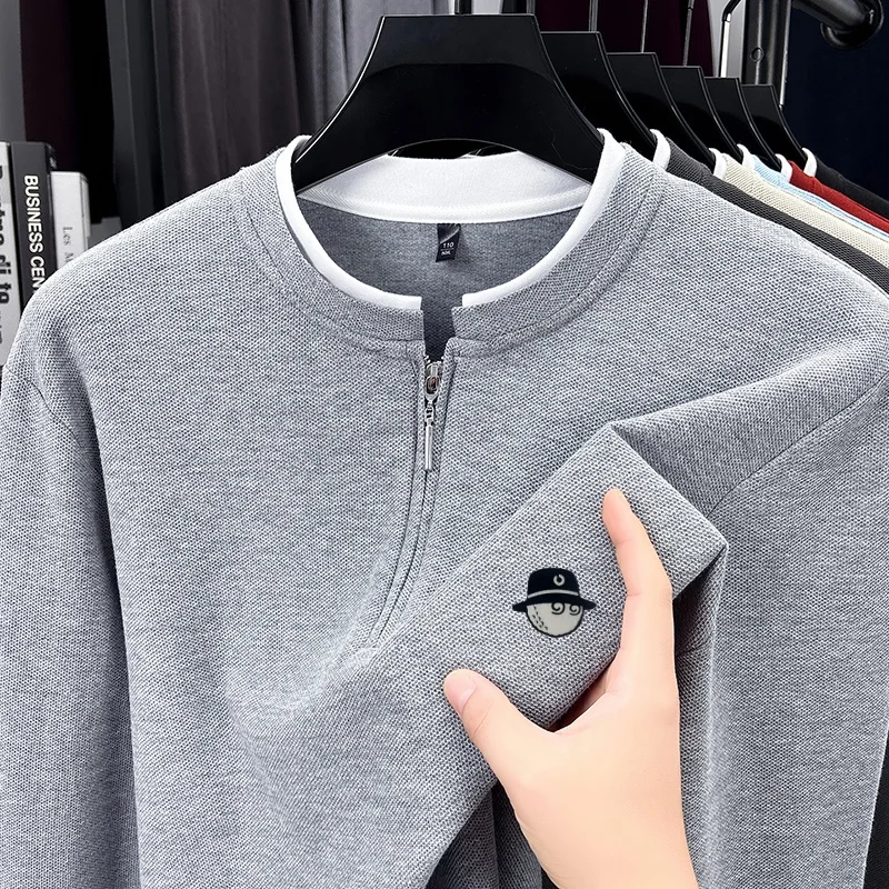Exquisite Men's Advanced Stand Collar Quarter Zip T-Shirt Autumn Warm Fake Two Piece Sleeve Tops Business Casual Men's Clothing image 3