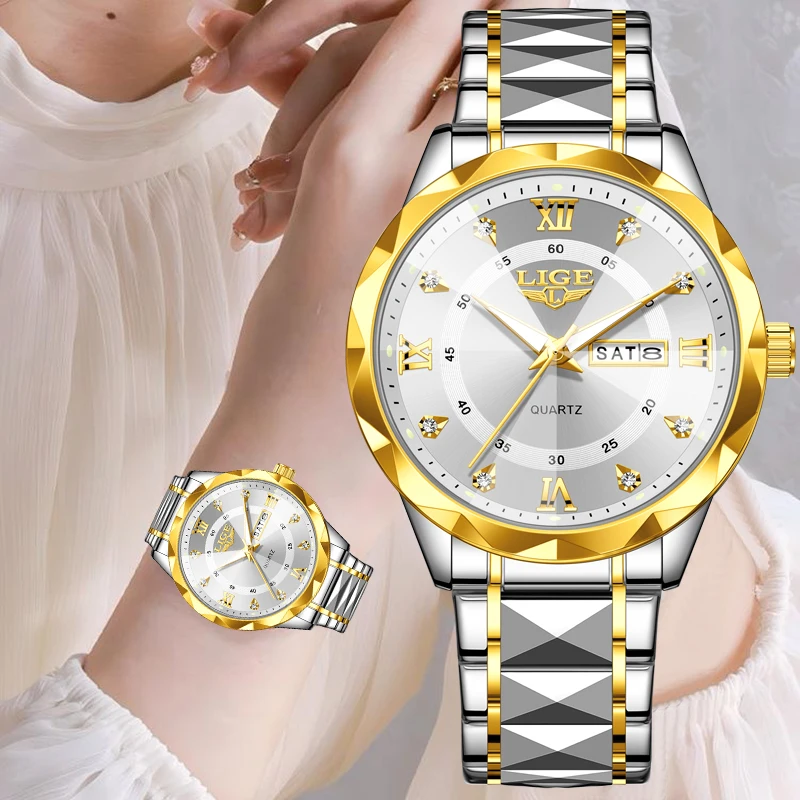 LIGE Fashion Women Watch Elegant Diamond Roman Numeral Quartz Wristwatch Ladies Luminous Day Date Waterproof Female Clock Gift