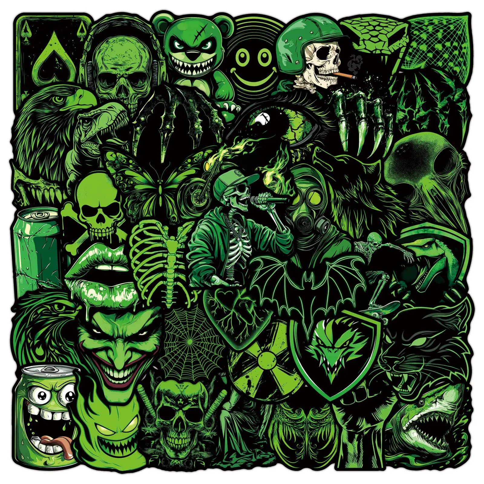 50 Pegatinas Góticas de Calaveras Verdes, Calcomanías de Graffiti para Decoración, Resistentes al Agua, para Laptop, Skateboard, Álbumes de Recortes
