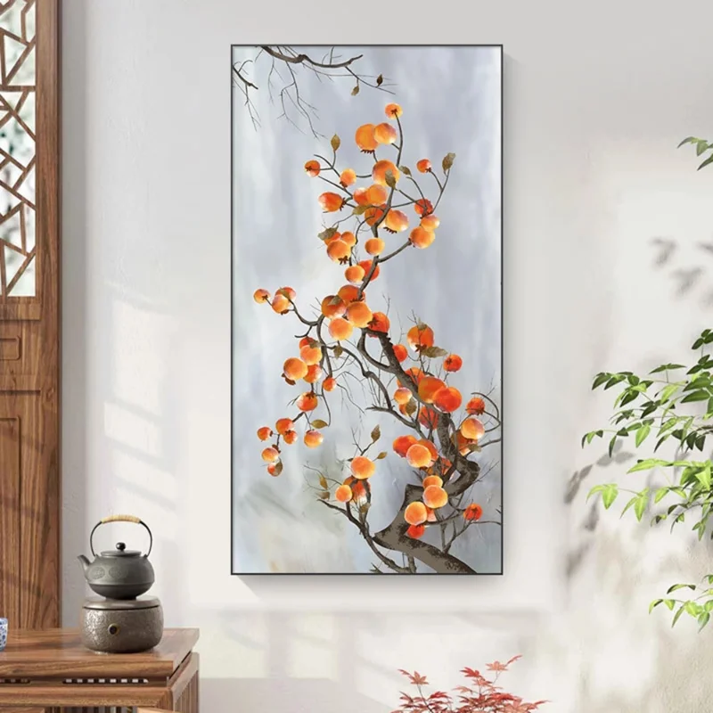 Chinese Style Plum Blossom Persimmon，Cat Under The Tree Art Posters Pastoral Canvas Painting Wall Prints Picture Room Home Decor