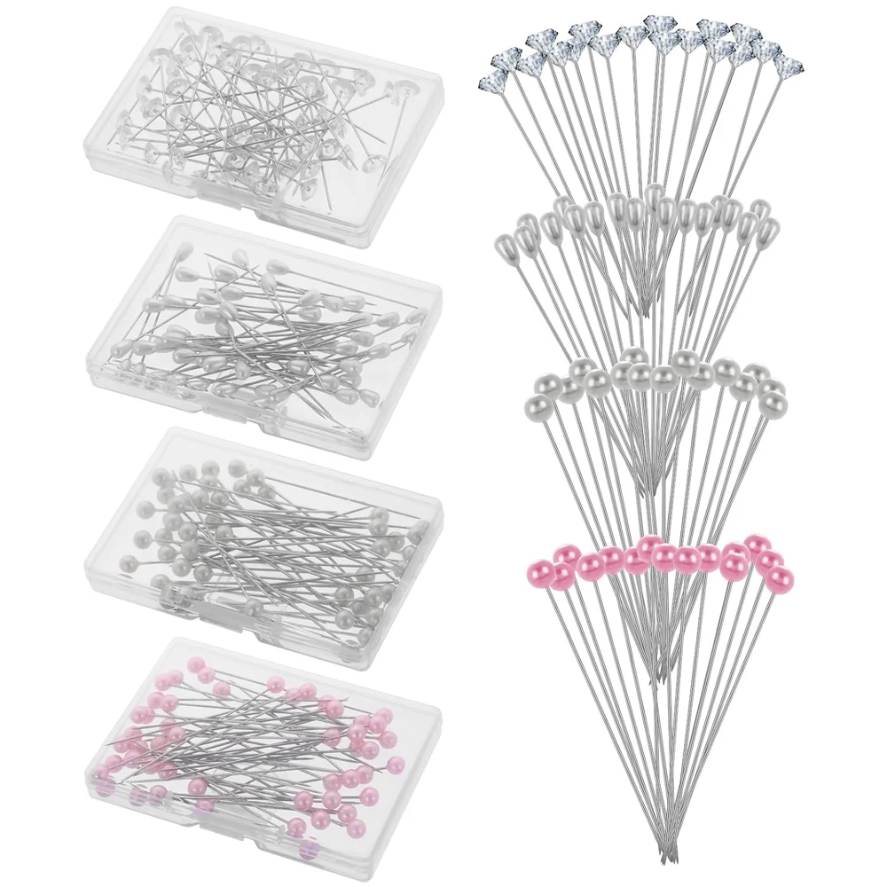 200Pcs Corsage Pins 4Styles Pearl Head Pins Crystal Diamond Head Pins Flower Straight Pins Floral Bouquet Pins for Craft Jewelry