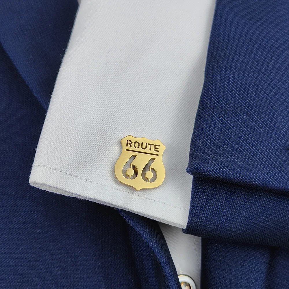 New - 18K gold-plated stainless steel cufflinks: Route 66 road logo, fashion lapel pin, gift for friends
