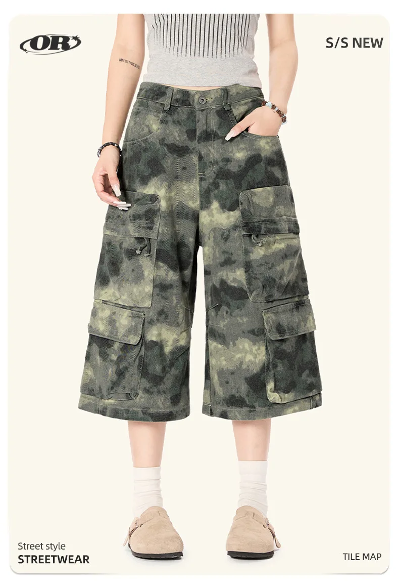 

OR FL Американские ретро-камуфляжные 100% хлопковые женские брюки с семью дюймов, мешковатые женские широкие шорты-карго с несколькими карманами Y2k
