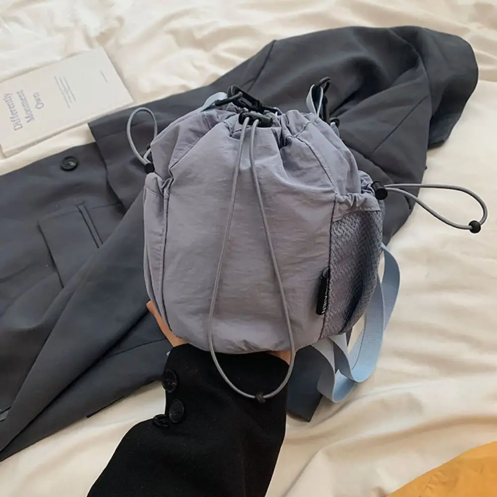 Fashion Korean Style Drawstring Bucket Bag Solid Color Large Capacity Nylon Crossbody Bag Mesh Wrinkle Shoulder Bag Women