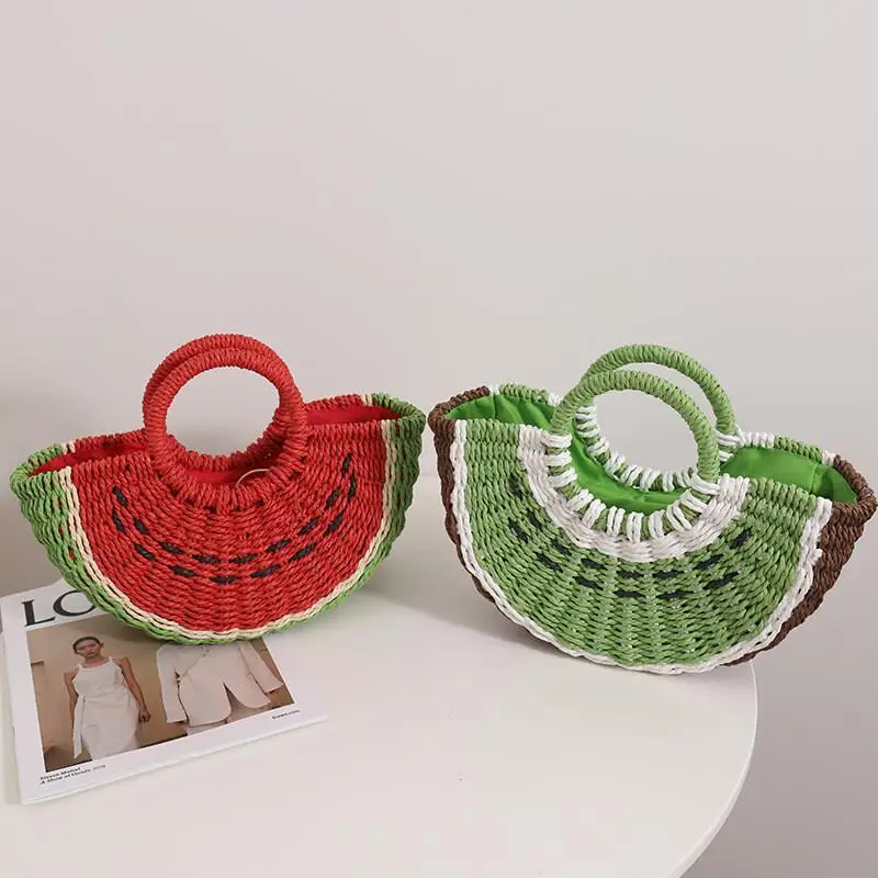 

Small Fresh Candy Watermelon Handheld Straw Woven Bag New Cute Fruit Fashion Storage Beach Vacation Bag Handbag