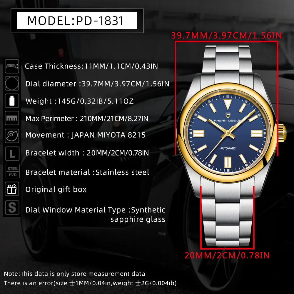 PAGANI DESIGN 2026 New 40MM Gold Blue Luxury Brand Automatic Watch Men Japan Movt 8215 Waterproof Luminous AR Sapphire Man Clock
