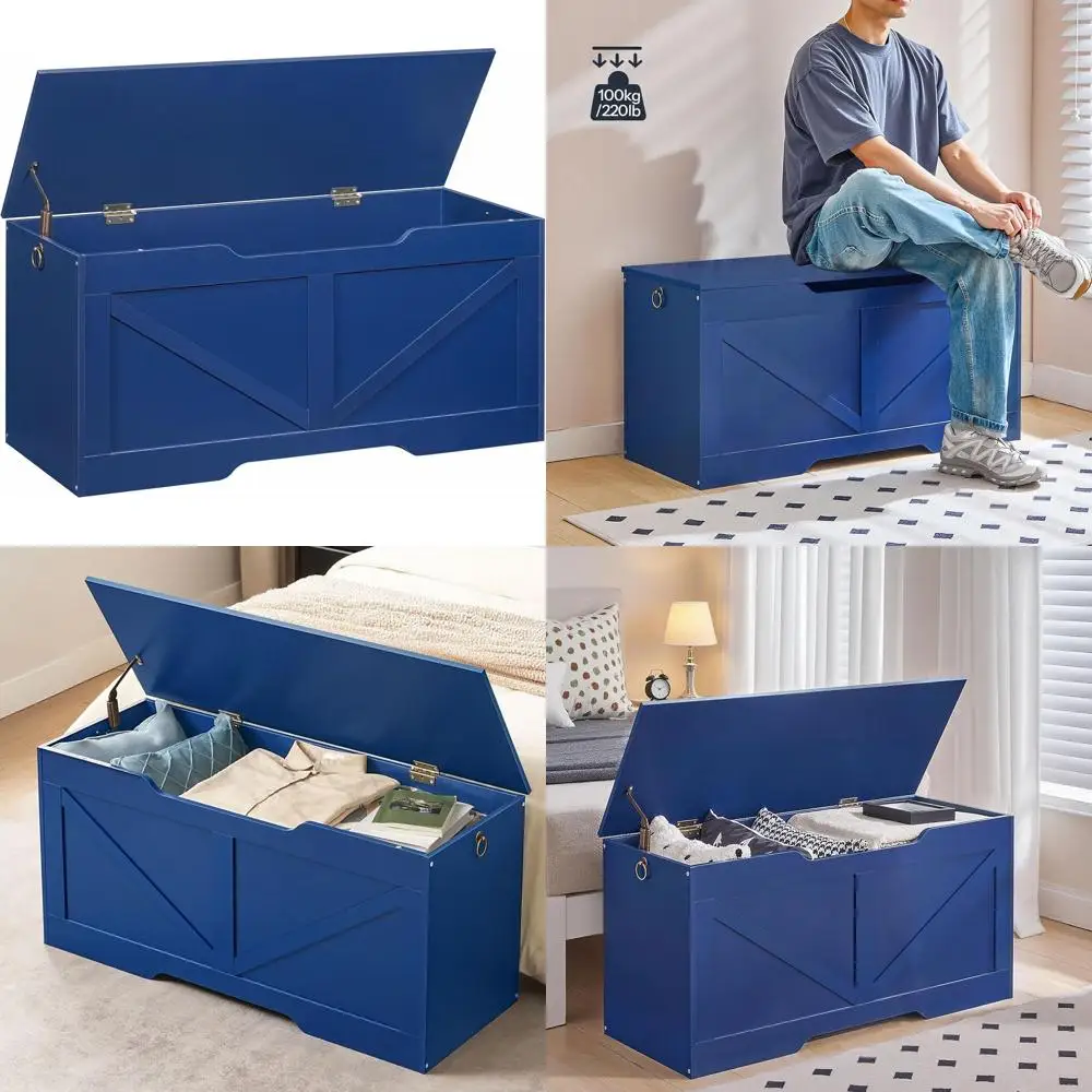 

Деревянная скамейка для хранения в стиле ретро 39,4 с U-образным вырезом, безопасная петля, вмещает 220 фунтов, простая сборка, синий органайзер для игрушек