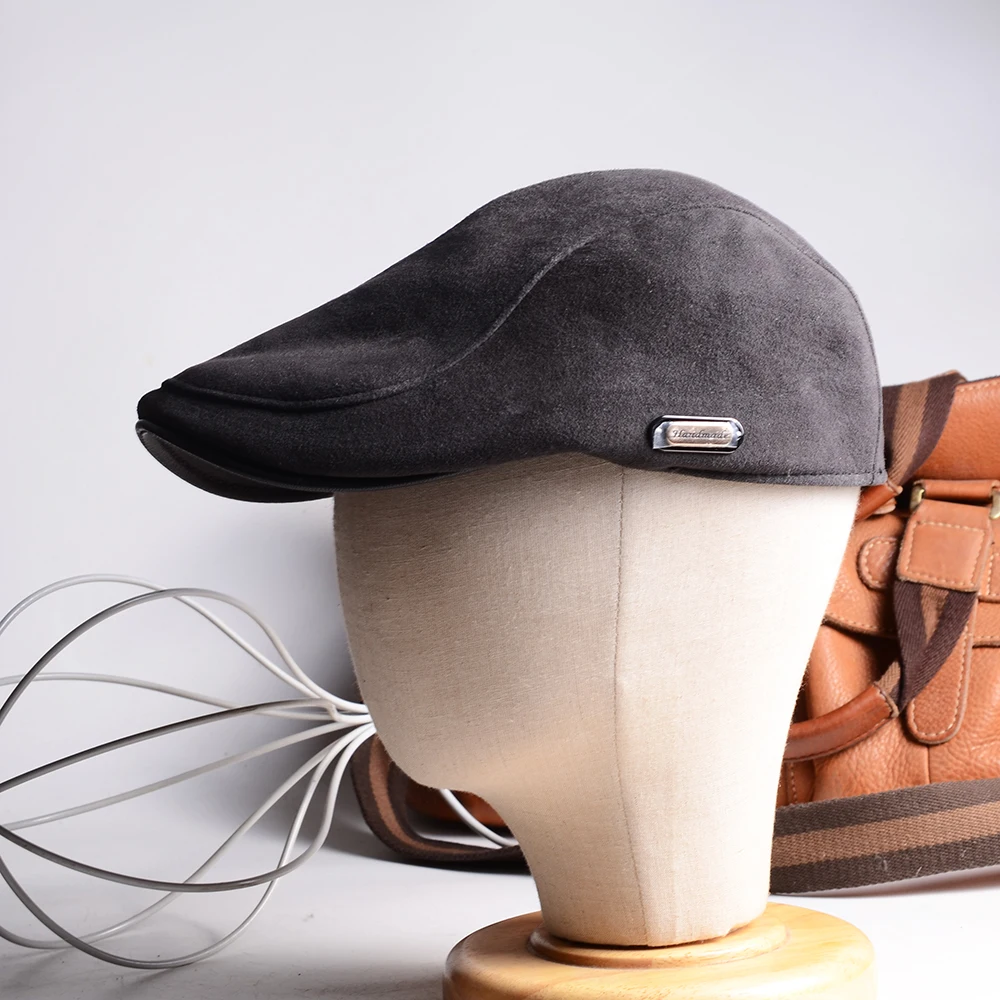 New Men's 100% Real Suede Leather Adjustable Peaked Cap Casual Thin Lining Beret Jazz Caps Newsboy Caps Casquette