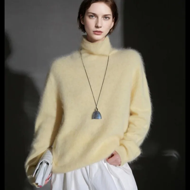 

Women's Sweater With Rolled Edge Collar, Solid Color Long Sleeved, 2025 Autumn Winter New Loose Fit Warm Top, 100% Mink Cashmere