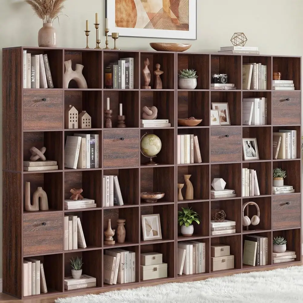 

2-Pack 24 Cube Walnut Wood Bookshelf with Fabric Drawers, 6-Tier Storage Display Set for Living Room or Office