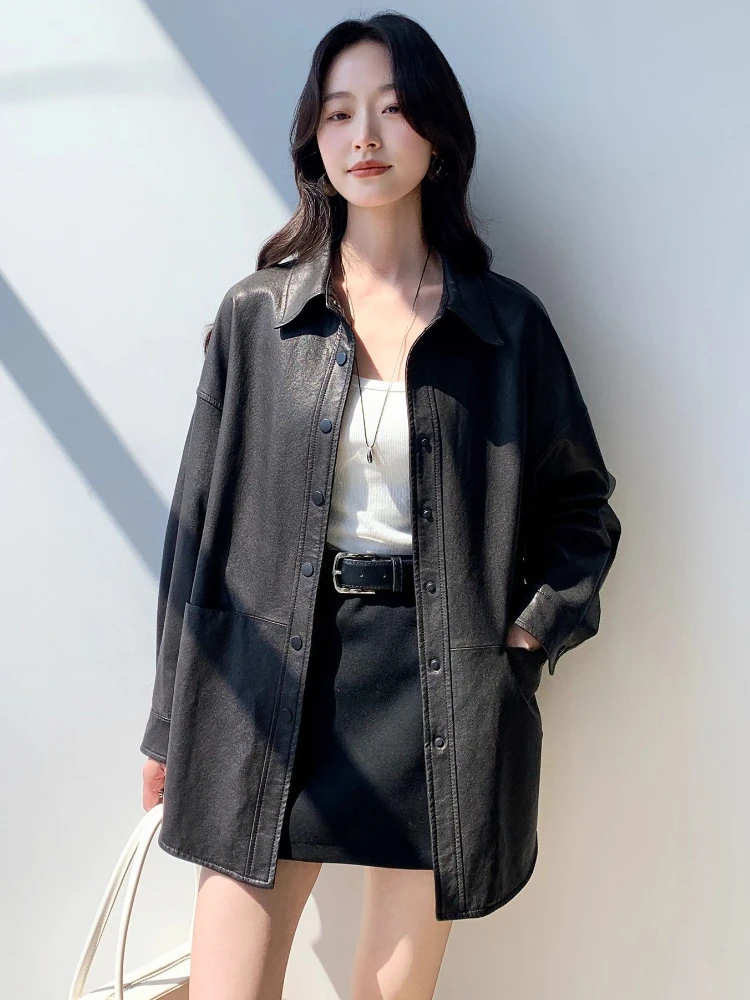 Casual lederen shirtjassen voor dames lente herfst 2025, nieuwe high-end eenvoudige losse zachte zwarte echte schapenvachtjas