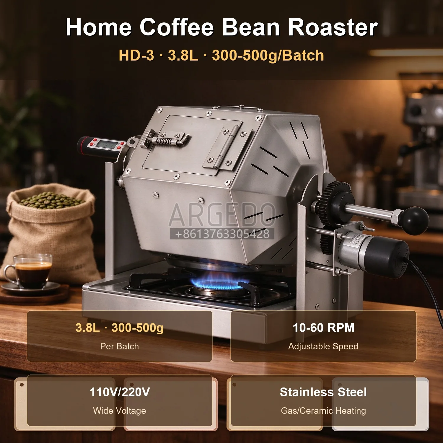 Home Coffee Bean Roaster 300-500g 3.8L Electric Coffee Roasting Machine Stainless Steel 10-60 RPM Adjustable Gas Stove Heating