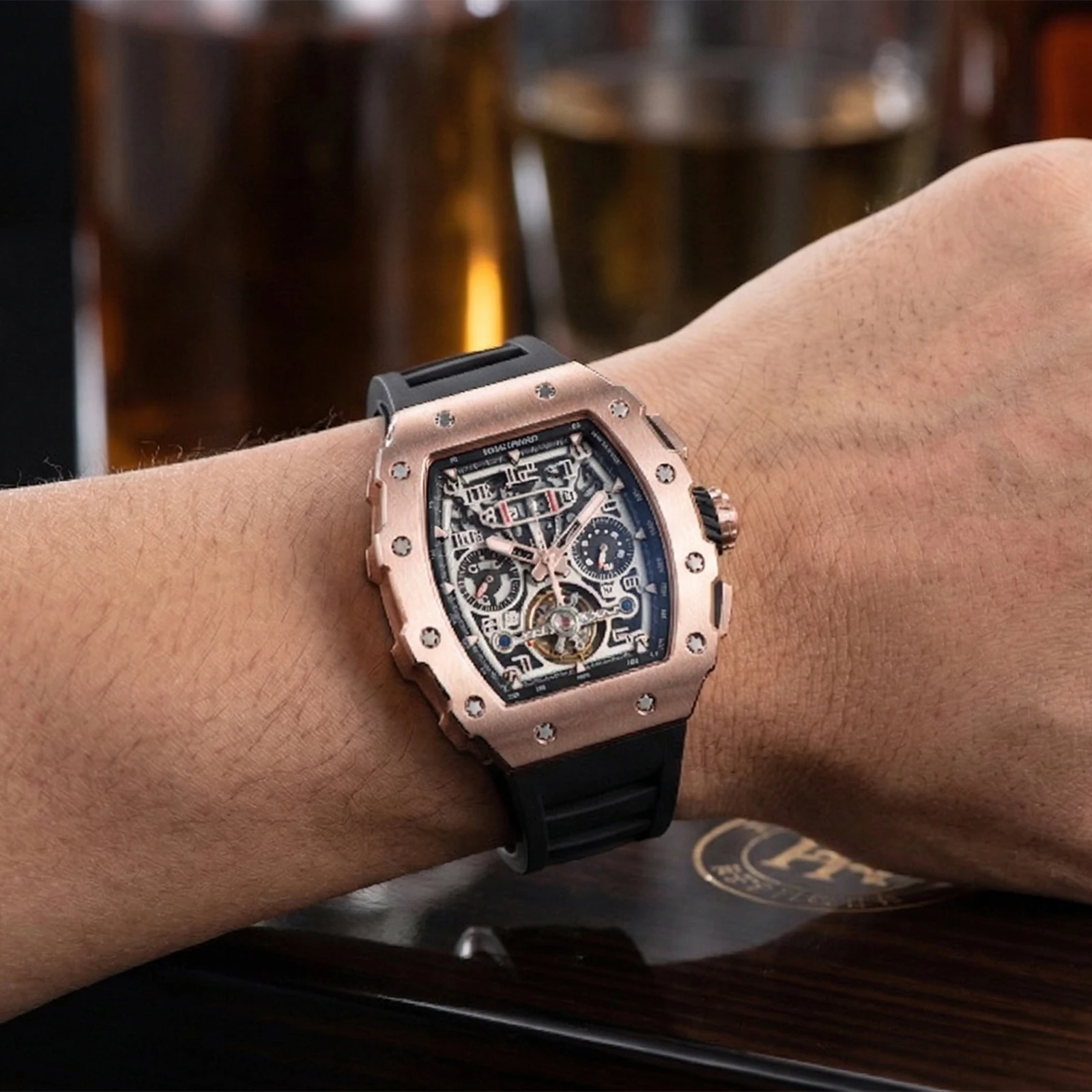 REEF TIGER Titan Rose Gold Tonneau Multifunctional Mechanical Watch For Men Tourbillon Design Waterproof Automatic Watch RGA3009