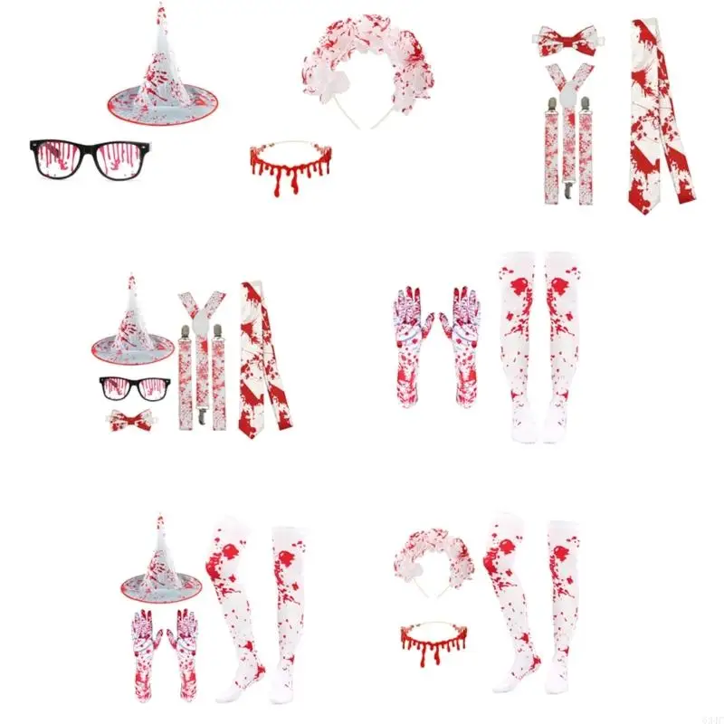 634C Halloween Costume Set Splattered Blood Gloves Stockings Scary Pointed Hat Collar