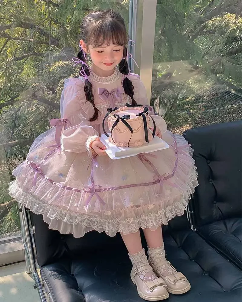 long sleeve dress birthday Pink Satin Beaded Bow Ball Gown Long Sleeve Dress for Girls | Pink / 18-24 Months (90cm)