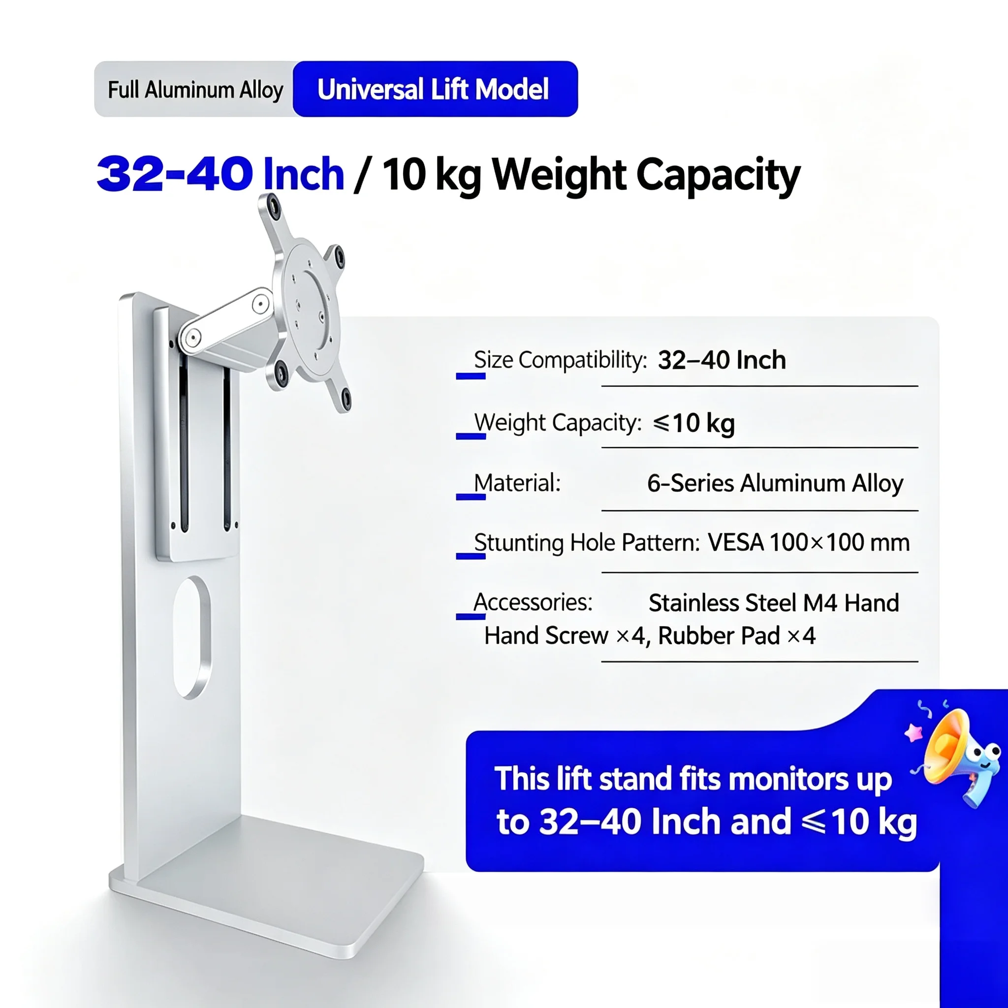 Aluminum Monitor Stand 27‑32 Inch Monitor Base Bracket Height Adjustable Swivel Tilt Rotating Desktop Support Foot Stand