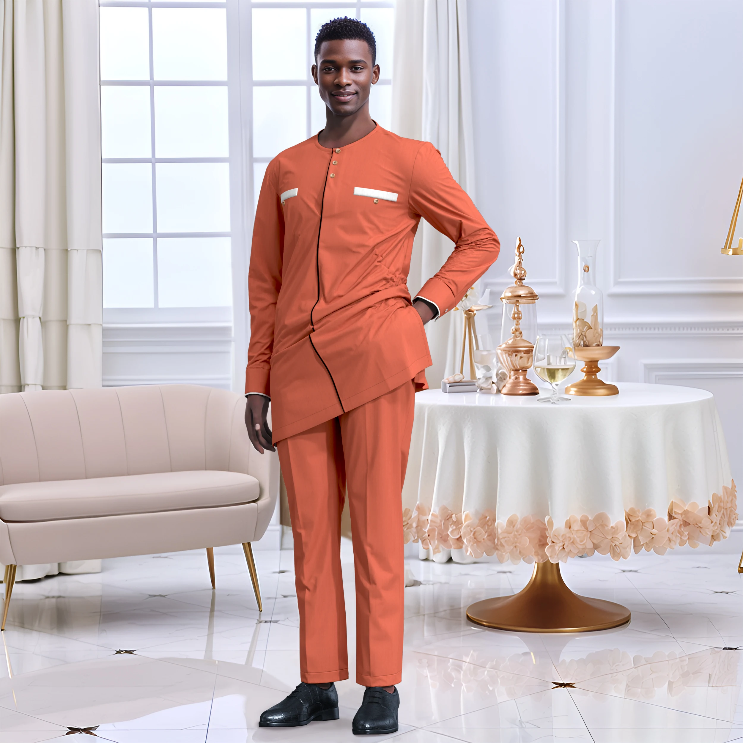 African Shirts and Pant Men's Set Clothing Short Sleeve Top with Trouser 2 Pieces Outfits Man Wedding Wear Customized WYN2343
