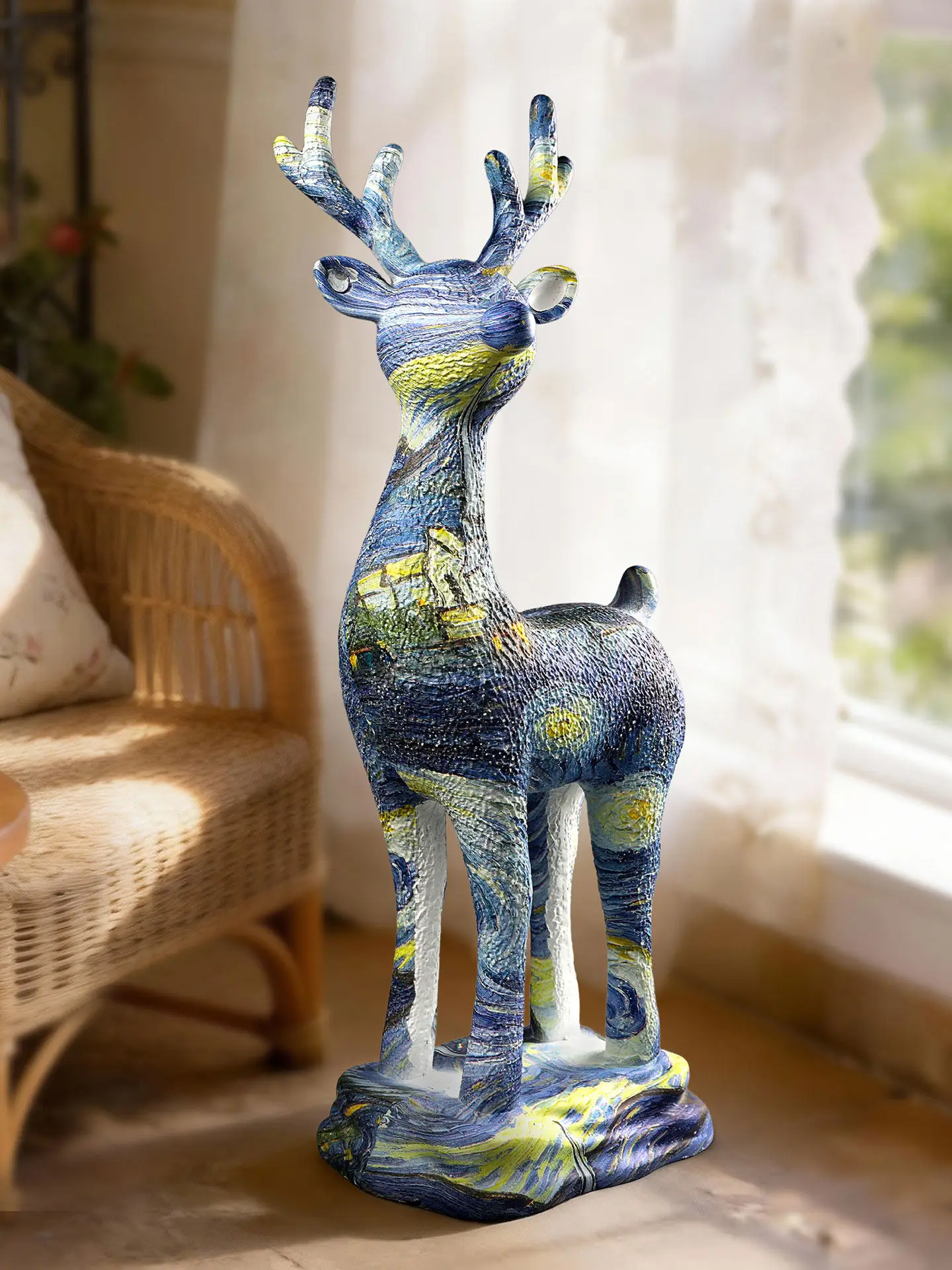 oo-Starry Night Style Large Deer Statue Home Decor,Modern Art Floor Ornament for Living Room,Resin Animal Figurine,Sculpture